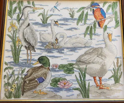 Vintage Cross Stitched RIVER BIRDS Framed Finished Artwork Completed • £20