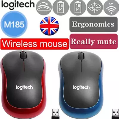 Logitech M185 Wireless Optical Mouse + USB Receiver Fit Compact PC Laptop Mouse • £2.99