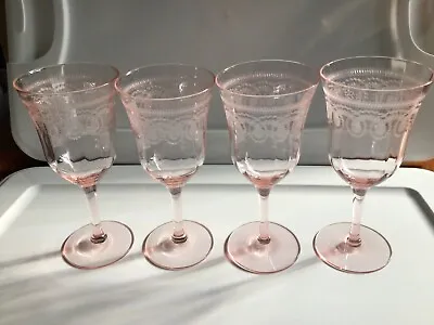 $49.99 • Buy 4 Vintage Morgantown Primrose Lane Pink Elegant Glass Acid Etched Wine Glasses