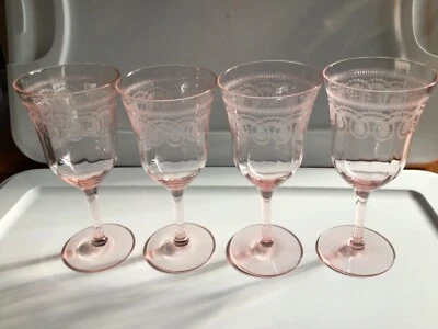 $49.99 • Buy 4 Vintage Morgantown Primrose Lane Pink Elegant Glass Acid Etched Wine Glasses