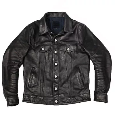 Men's Biker Motorcycle Real Leather Vintage Black Buttoned Leather Jacket Shirt • $119.99