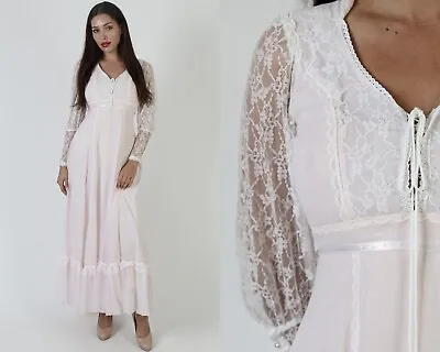 Vtg 70s Gunne Sax Barbiecore Lace Bohe Wedding Dress Prairie Corset Bridal Gown • $169