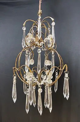 Vintage Metal Chandelier Crystal Prisms Strands & Rosettes Bird Cage Tortoise • $79.20