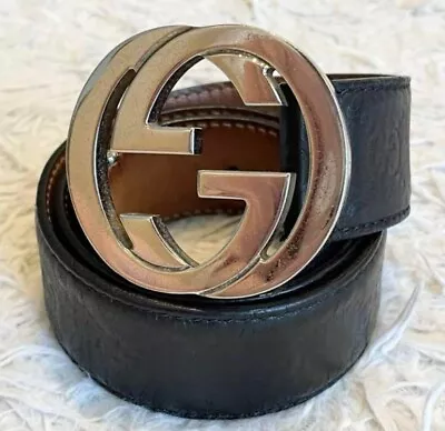 GUCCI Interlocking Buckle GG Leather Mens Belt Size 34-37 Inch Black Silver • $159