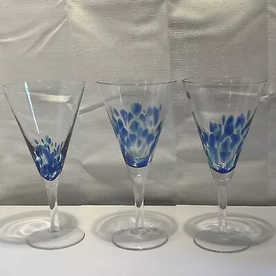 3 Colbalt Blue Confetti Splash Hand Blown Art Glass Champagne Flute Glasses • $28.70