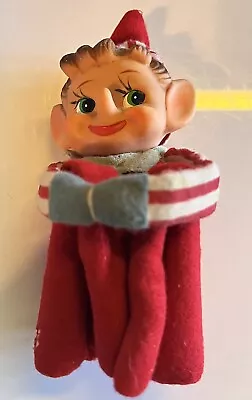 Vintage Red Felt Knee Hugger Shelf Sitter 6.5  Pixie Elf W/ Rubber/Plastic Face • $14