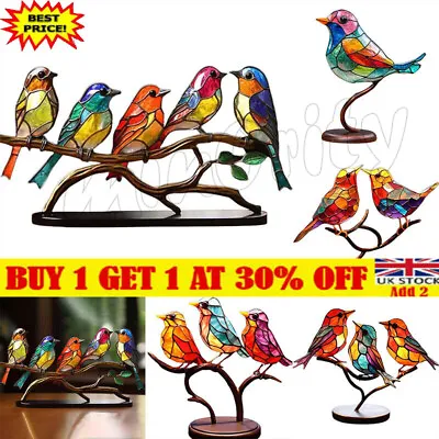 Stained.Glass Birds On Branch  Desktop Ornaments Metal Vivid Craft Desktop Decor • £10.58