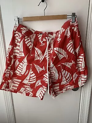 J CREW Always Swim Trunks Men’s Medium Red Sailboat Print Pockets 6” Inseam • $15