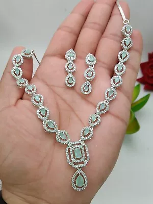 Indian Bollywood Ethnic AD Necklace Earrings Bridal Jewelry Silver Plated Set • $21.99
