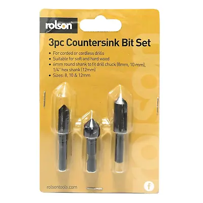 3 Pce Countersink Drill Bit Set Countersinking Hole Maker Hex Shank 8 10 12mm • £3.99