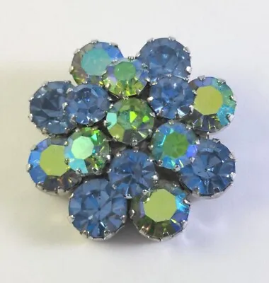 Vtg Signed Kramer Blue Green Peacock Silver Tone  Rhinestone Flower Brooch  • $19.99