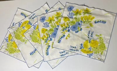 VINTAGE Vera Neumann Cotton Blend Napkins Blue Yellow Flowers & Fruit Lot Of 5 • $41.99