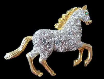 Vintage Stunning Crystal Rhinestone Horse Brooch Green Eye Equestrian • $45