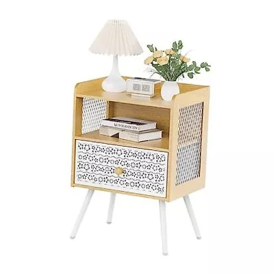 Nightstand Bedside Table With Metal Drawers End Table With Open Maple White • $278.77