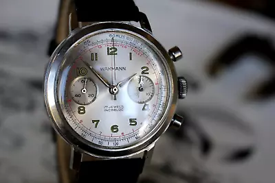Very Large Spillman Vintage Wakmann Chronograph Awesome Silver Dial Valjoux 7730 • $975
