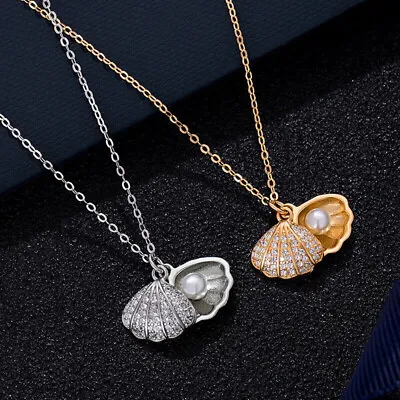 Women Shell Pearl Pendant Silver Crystal Zirconia Wedding Necklace Mother Gifts • $0.72