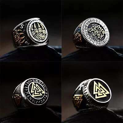 AU New Unisex Viking Letters Nordic Animal Totem Titanium Steel Men Retro Ring • $25.97