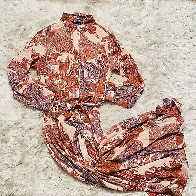 $39.99 • Buy Zara Dress Women M Red Cream Mix Print Paisley Shirt Maxi Dress Tie Belt Boho