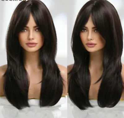 100% Human Hair! New Women's Long Dark Brown Straight Full Capless Wigs 24 Inch • $34.99
