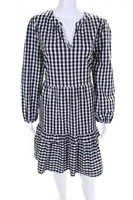 J Crew Womens Cotton Check Print V-Neck Tiered Long Sleeve Dress Black Size M • $42.69
