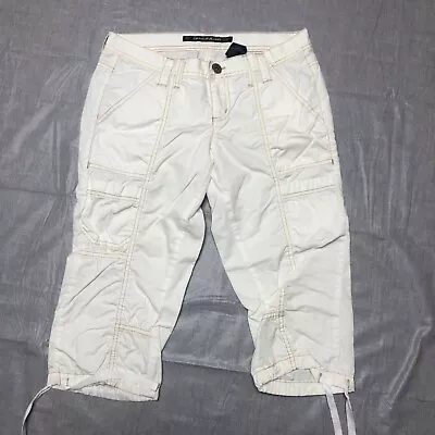 DKNY Parachute Capri Juniors 9 White Tan Stitched Cotton Crop Pants • $13.59