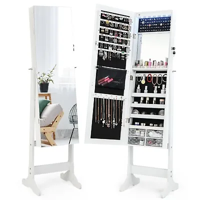 LED Lights Jewellery Cabinet Free Standing Lockable Jewelry Armoire Organizer • £85.95