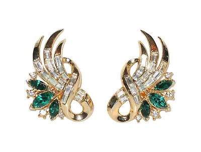 Rare Vintage Crown Trifari 1950's Alfred Philippe Emerald Diamante Wing Earrings • $115