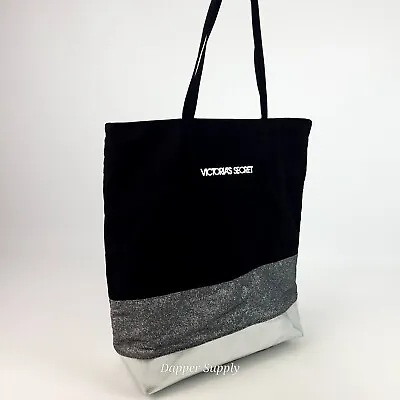 Black Silver Glitter Metallic Victoria's Secret Reusable Tote Bag 16x13x5  • $18.99