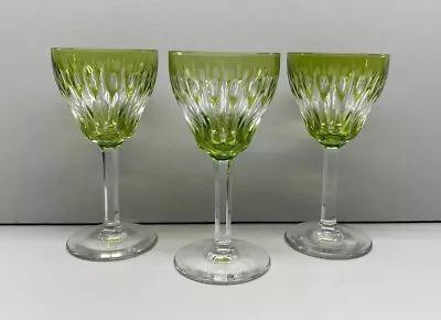 $175 • Buy Set 3 Val St Lambert Crystal Zermatt Green Cut Clear Cordial Liquor Stem Goblets