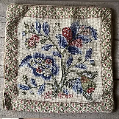 Vintage Needlepoint Floral Throw Pillow Velvet Back 18” • $42