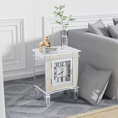 Luxury Clock Mirrored End Table With Door And Cabinet Accent Chest Nightstand • $125.90
