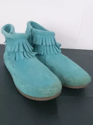 Minnetonka Ankle Boots Youth 4 Double Fringe Moccasin Side Zips Turquoise Suede • £10.53