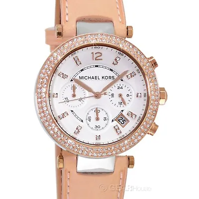 $107.80 • Buy MICHAEL KORS Parker Womens Crystal Chronograph Watch White Rose Gold Tan Leather
