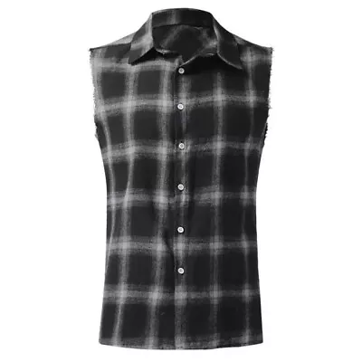  Men's Summer Shirts Casual Plaid Print Buckle Sanding Sleeveless T Shirt Vest ~ • £11.78