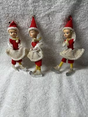 Vintage Paper Mache/Felt Pixie Girl Skater Christmas Ornaments Lot 3 Japan T46 • $12.99