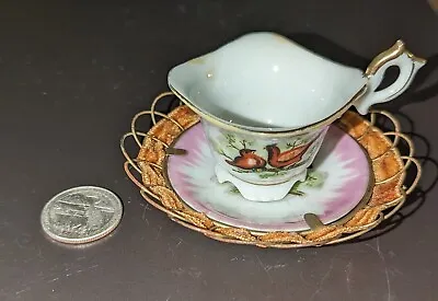 Vintage  Mini Tea Cup Velvet Lined Saucer Hand Painted Birds Japan Pink Brown • $22.99