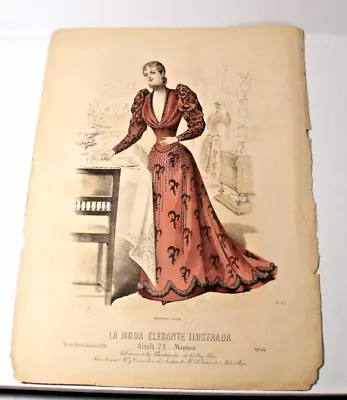 1891 Antique French Hand Colored LA MODE ELEGANTE ILLUSTRADA Fashion Print (44) • $18