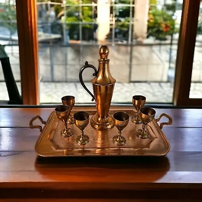 Vintage  Brass & Copper  4  Glasses  Carafe W/ Tray Set • $18.99