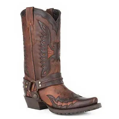 Men's Stetson Biker Outlaw Eagle Boots Square Rocker Toe Handcrafted Brown • $330.99