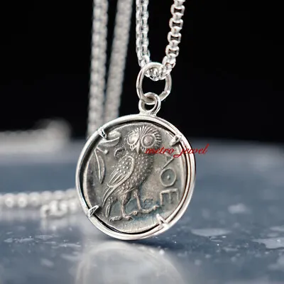 Womens Mens Vintage Copper Ancient Greek Owl Bird Athena Coin Pendant Necklace • $24.99