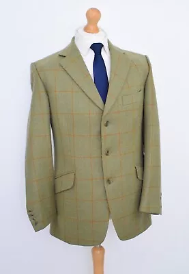 Vintage HACKETT Olive Tweed Jacket Size 40L/50L Twill Horse & Hound Orange Check • £225