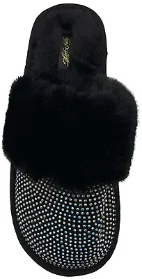 Glamour Slippers Woman Size 6 BlackFaux Fur Crystal Aurora Borealis Stones BNWT • $44