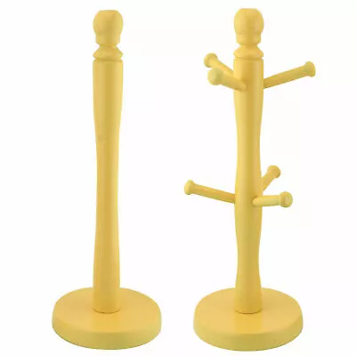 £16.94 • Buy Wooden Mug Tree & Kitchen Roll Holder Set 6 Cup Mugs Holder & Paper Stand Yellow