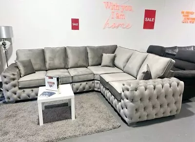 3c2 | Ashton Chesterfield Scatter Back Corner Sofa | New Silver Plush Velvet  • £1049