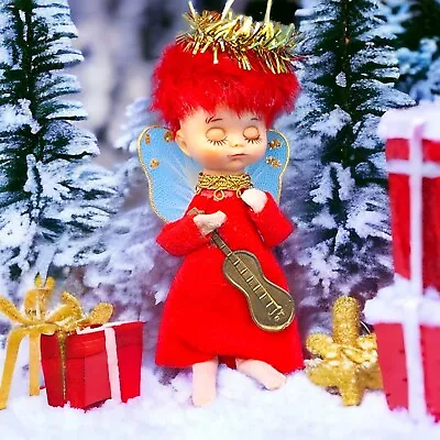 Vintage Red Hair Pixie Angel Ornament Napco Japan 1950s Felt Sleepy Eyes Guitar  • $80.96