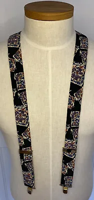 Vintage Silk Suspenders Clip On Style Black Purple Blue Tan Floral • $19.95