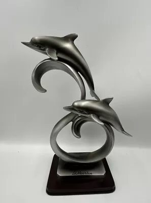 Herco Figurines Dolphins Sculpture Statue With Wooden Base Silver Tone  11” • $20