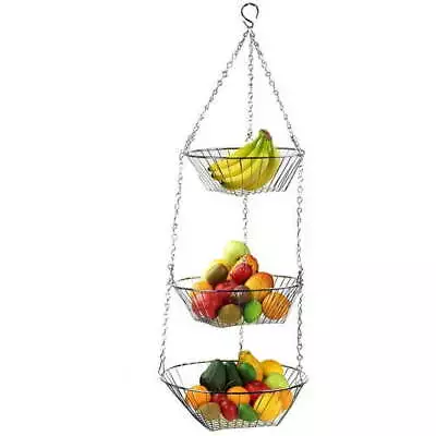 Home Basics 3 Tier Wire Hanging Round Fruit Basket Chrome • $18.51