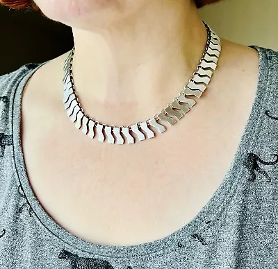 Cool Modernist Sterling Silver Fringe Collar Necklace Geometric Vintage 18.75” • $116