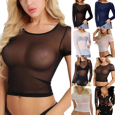 £8.39 • Buy Womens Sexy Mesh Sheer Lace T-Shirt Tops See Through Clubwear Lingerie Blouse
